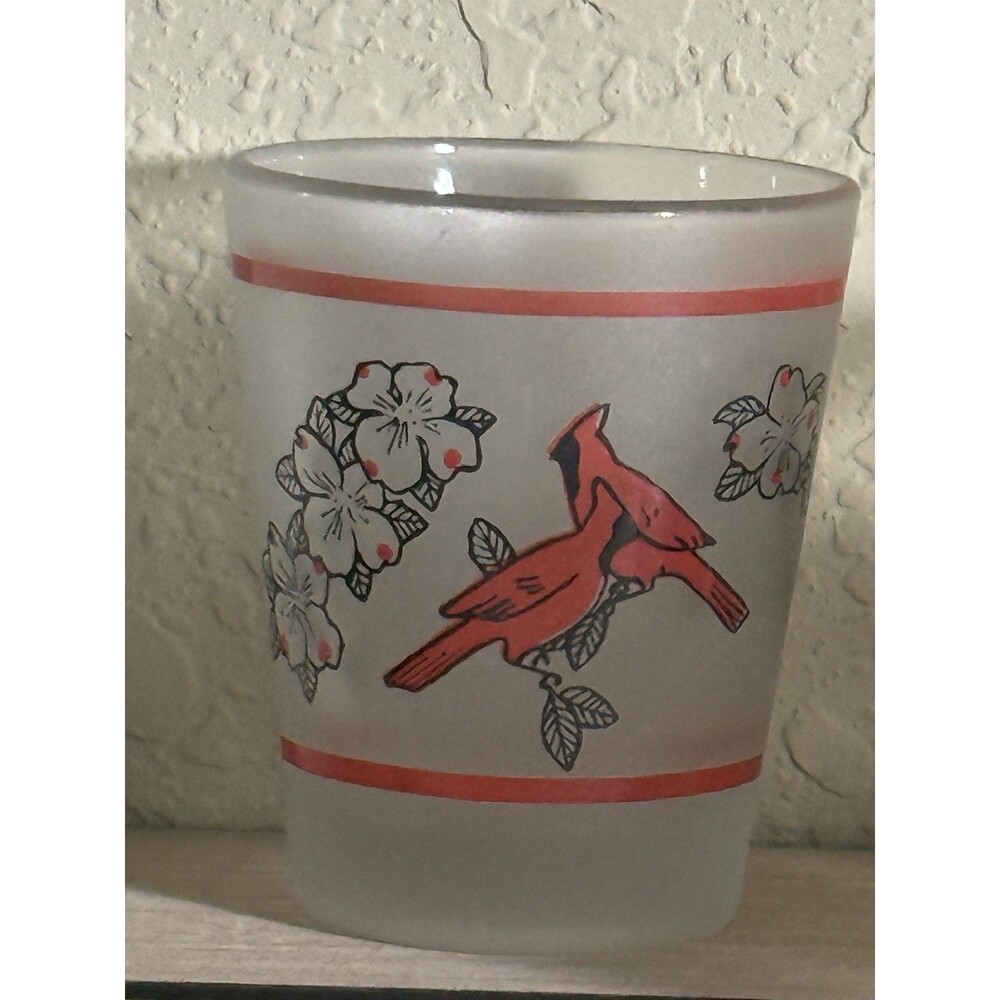 Vintage Virginia Souvenir Frosted Shot Glass Red Cardinal Bird Dogwood Flowers